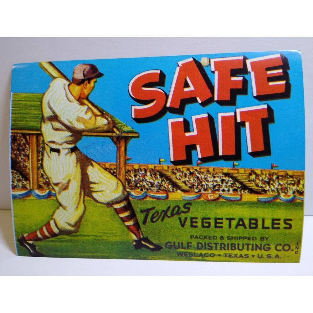 Safe Hit Baseball Texas Vegetables Crate Label 1950's Vintage Original Batter Up